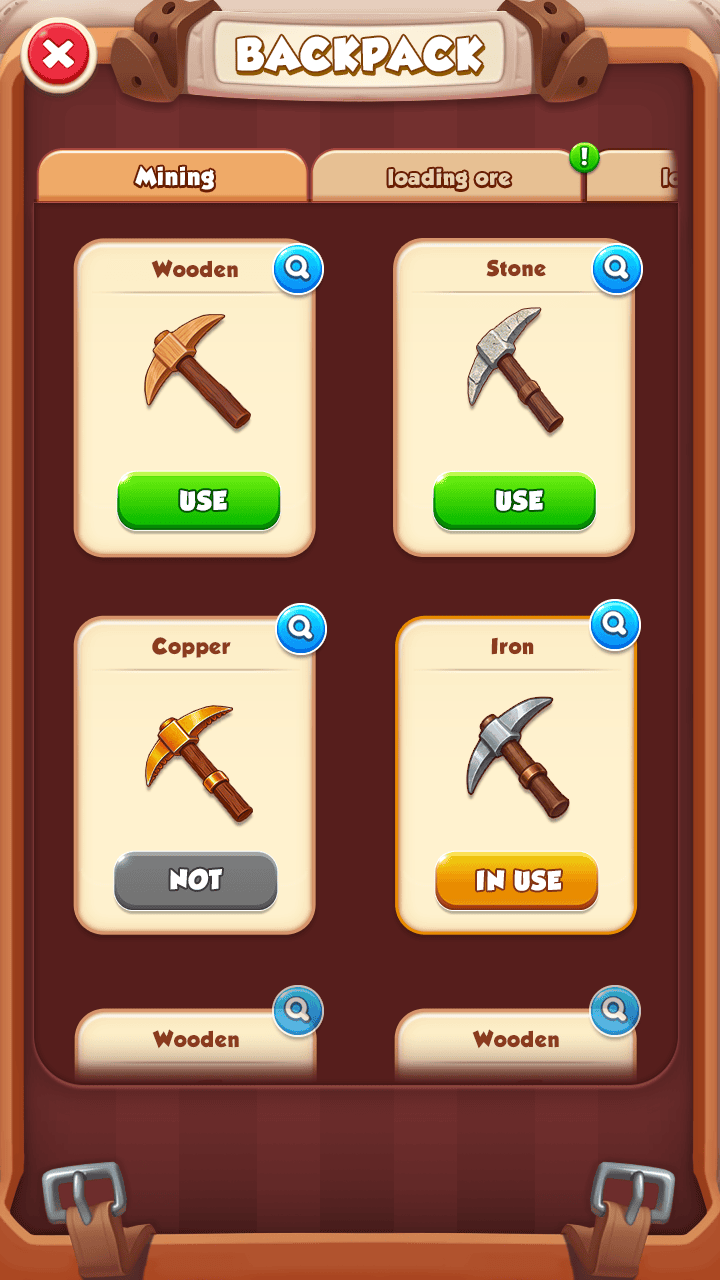 Crazy Mining backpack and inventory screen